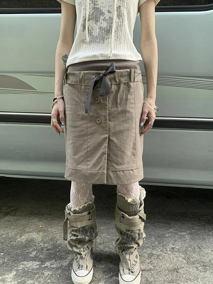 Vintage Button Tie High Waist Flowy Denim Short Skirt