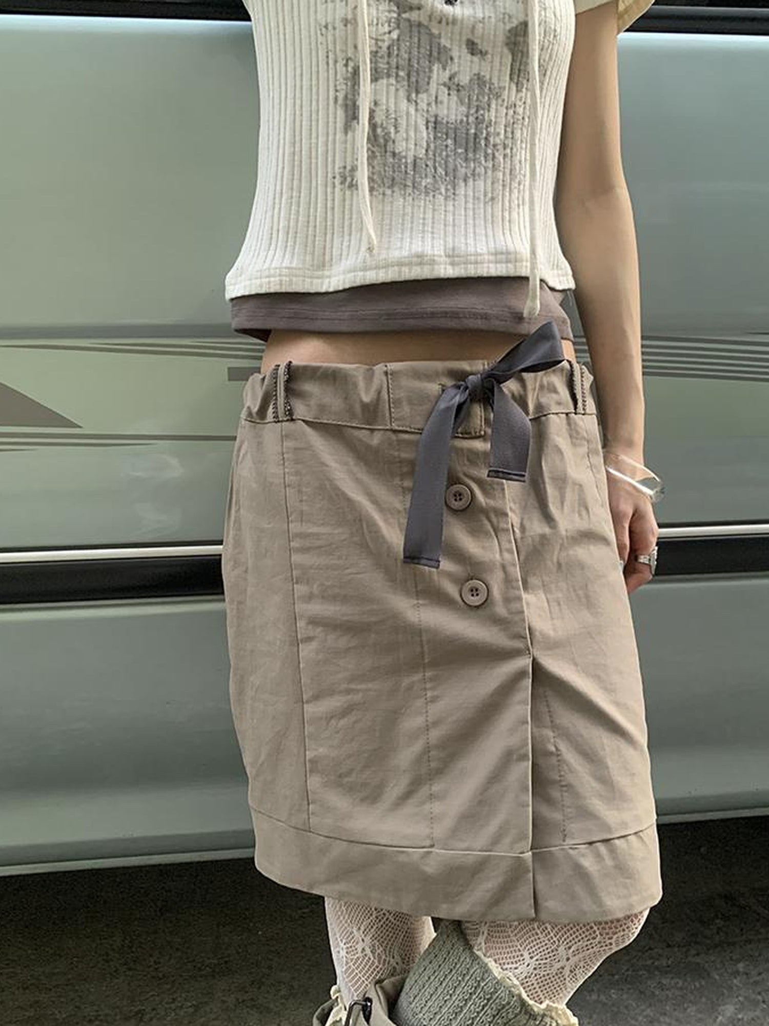 ang project Vintage Button Tie High Waist Flowy Denim Short Skirt