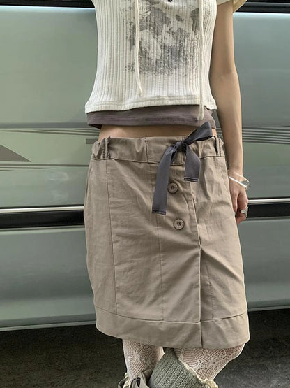 Vintage Button Tie High Waist Flowy Denim Short Skirt