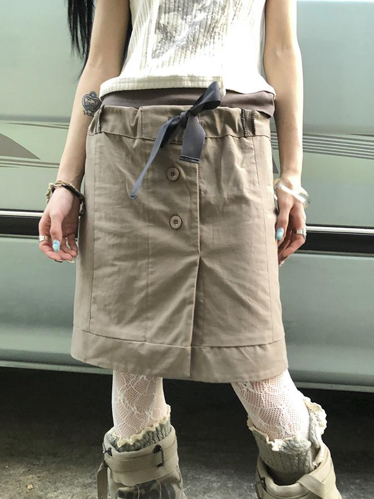ang project Vintage Button Tie High Waist Flowy Denim Short Skirt