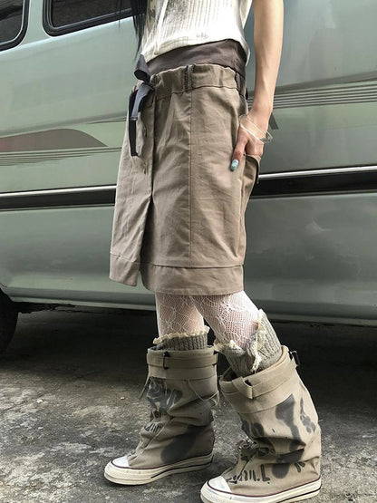 Vintage Button Tie High Waist Flowy Denim Short Skirt