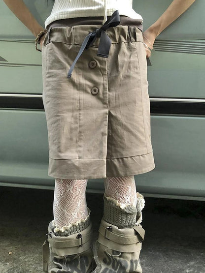 Vintage Button Tie High Waist Flowy Denim Short Skirt