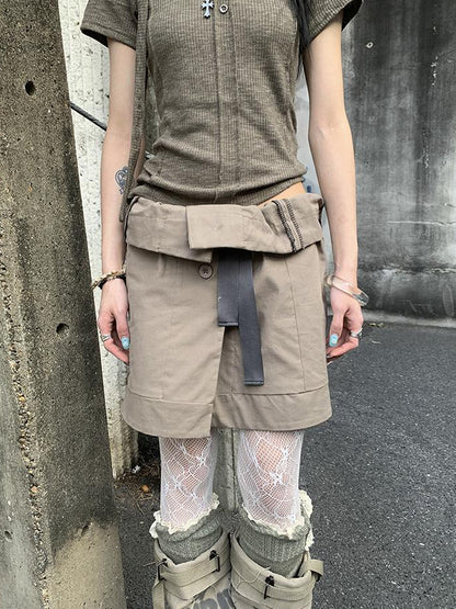 ang project Vintage Button Tie High Waist Flowy Denim Short Skirt