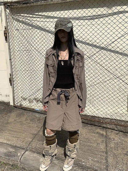 Vintage Button Tie High Waist Flowy Denim Short Skirt