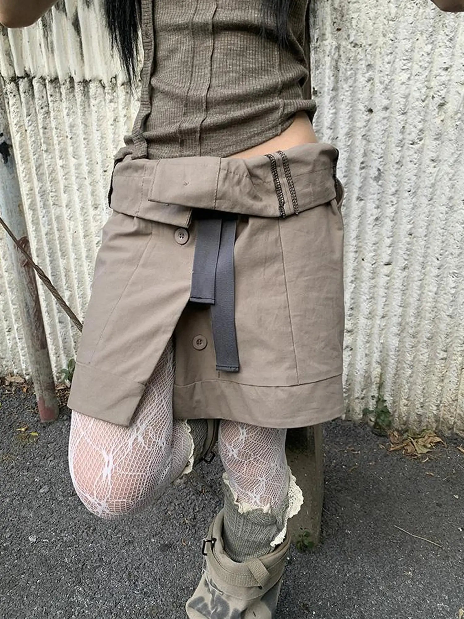 Vintage Button Tie High Waist Flowy Denim Short Skirt