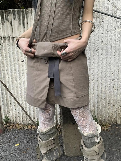 Vintage Button Tie High Waist Flowy Denim Short Skirt