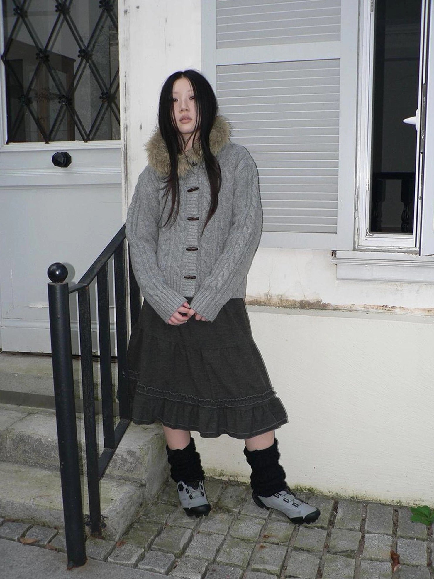 ang project Vintage Cable Knit Hooded Cardigan With Fur Trim And Toggle Buttons Sweater