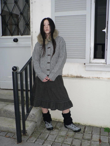 ang project Vintage Cable Knit Hooded Cardigan With Fur Trim And Toggle Buttons Sweater