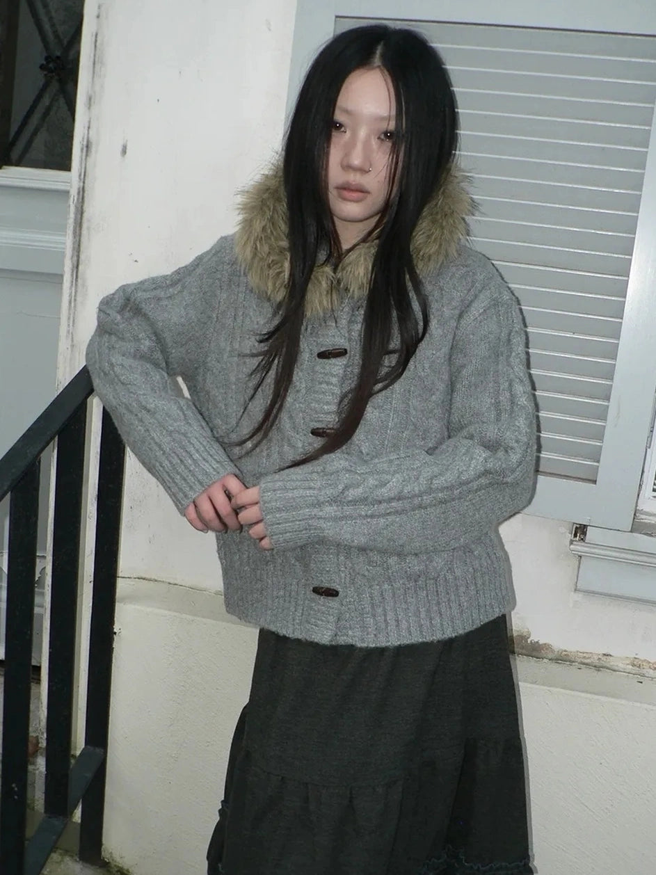 ang project Vintage Cable Knit Hooded Cardigan With Fur Trim And Toggle Buttons Sweater