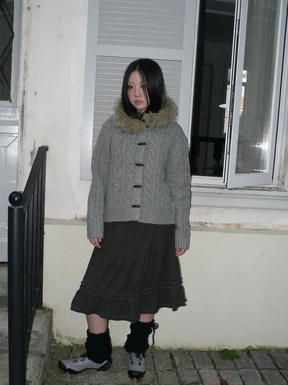 ang project Vintage Cable Knit Hooded Cardigan With Fur Trim And Toggle Buttons Sweater