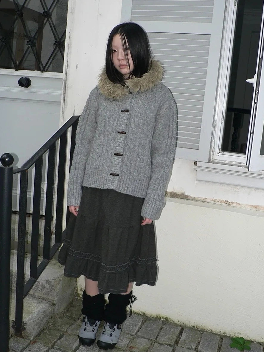 ang project Vintage Cable Knit Hooded Cardigan With Fur Trim And Toggle Buttons Sweater