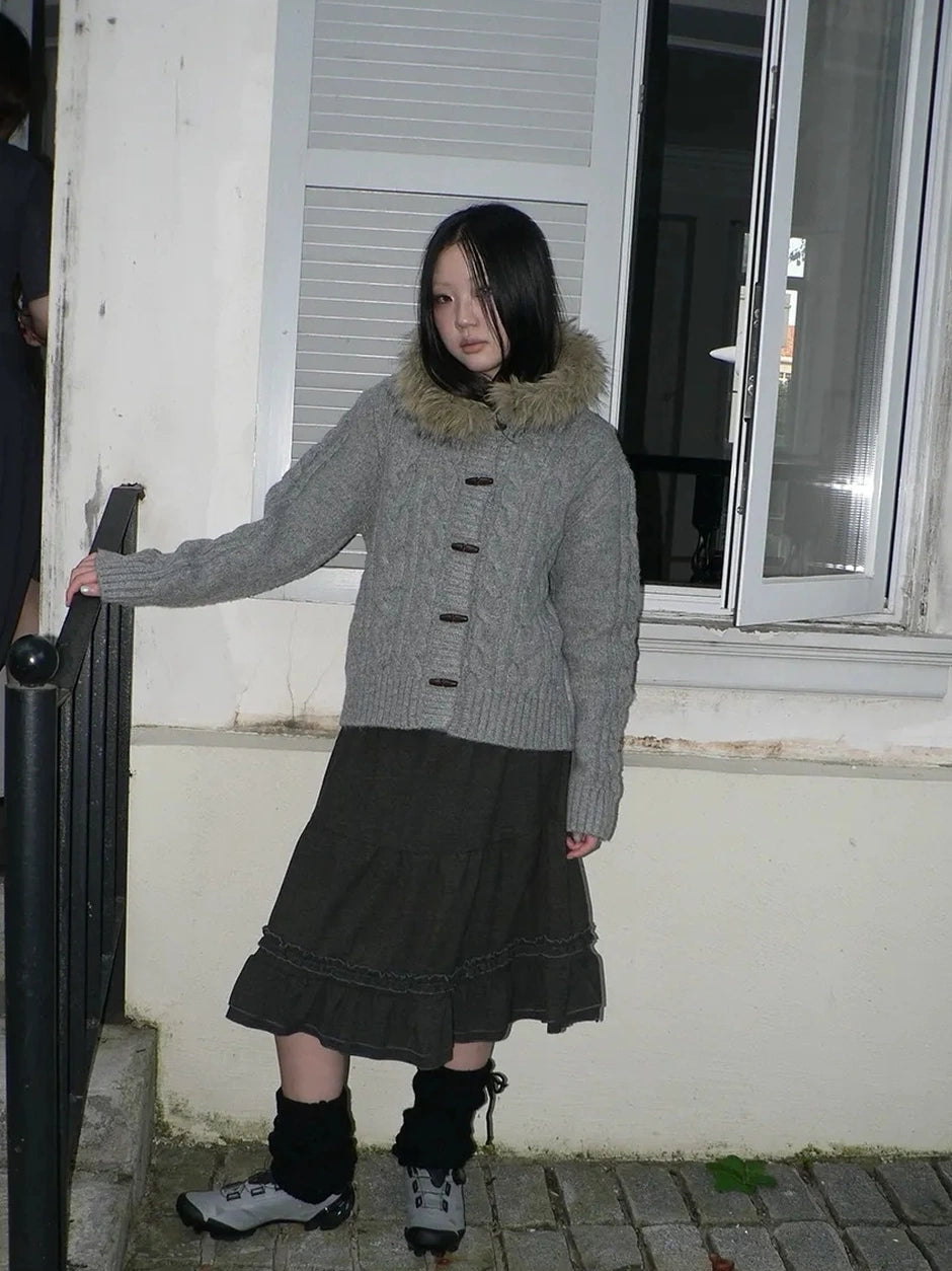 ang project Vintage Cable Knit Hooded Cardigan With Fur Trim And Toggle Buttons Sweater