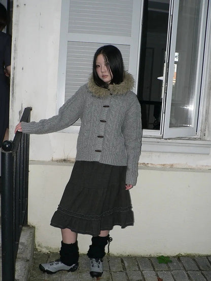 ang project Vintage Cable Knit Hooded Cardigan With Fur Trim And Toggle Buttons Sweater