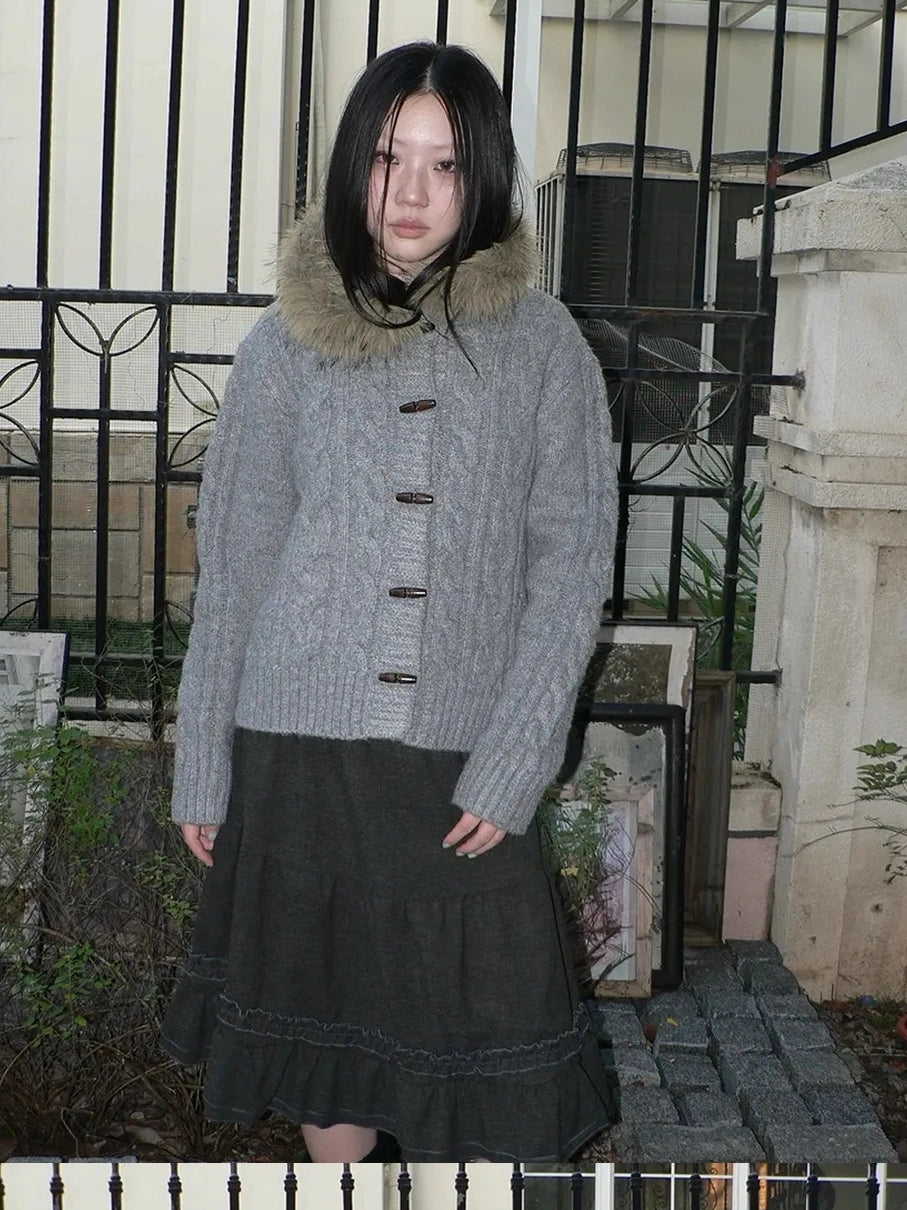 ang project Vintage Cable Knit Hooded Cardigan With Fur Trim And Toggle Buttons Sweater