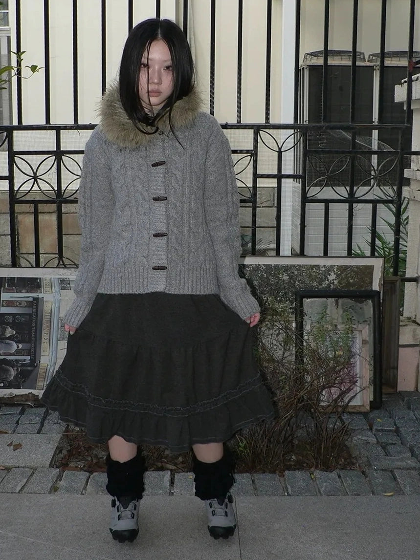 ang project Vintage Cable Knit Hooded Cardigan With Fur Trim And Toggle Buttons Sweater