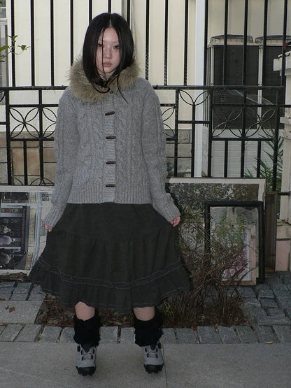 ang project Vintage Cable Knit Hooded Cardigan With Fur Trim And Toggle Buttons Sweater