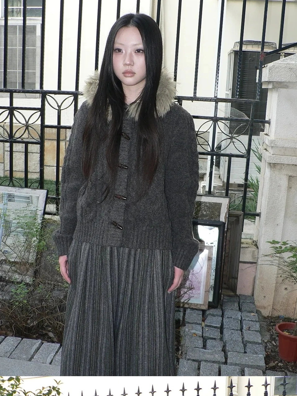 ang project Vintage Cable Knit Hooded Cardigan With Fur Trim And Toggle Buttons Sweater