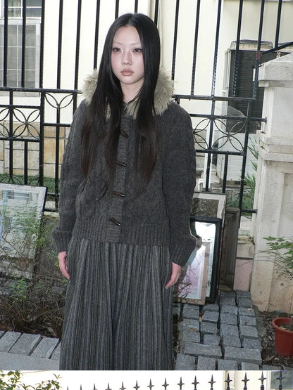 ang project Vintage Cable Knit Hooded Cardigan With Fur Trim And Toggle Buttons Sweater