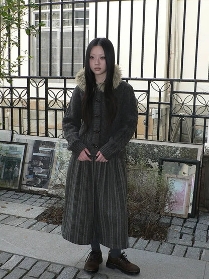 ang project Vintage Cable Knit Hooded Cardigan With Fur Trim And Toggle Buttons Sweater