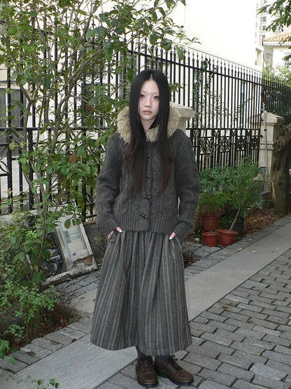 ang project Vintage Cable Knit Hooded Cardigan With Fur Trim And Toggle Buttons Sweater