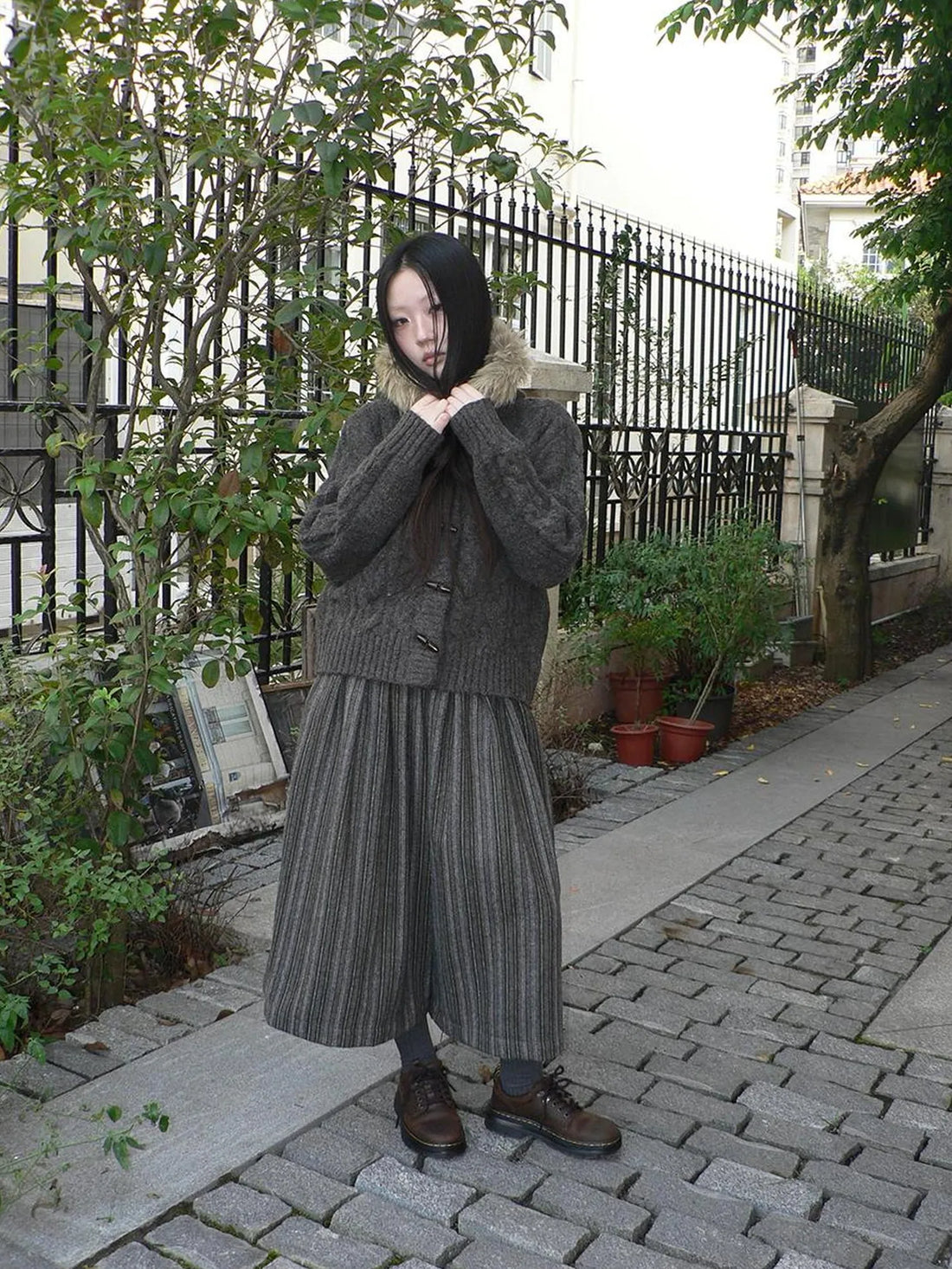 ang project Vintage Cable Knit Hooded Cardigan With Fur Trim And Toggle Buttons Sweater