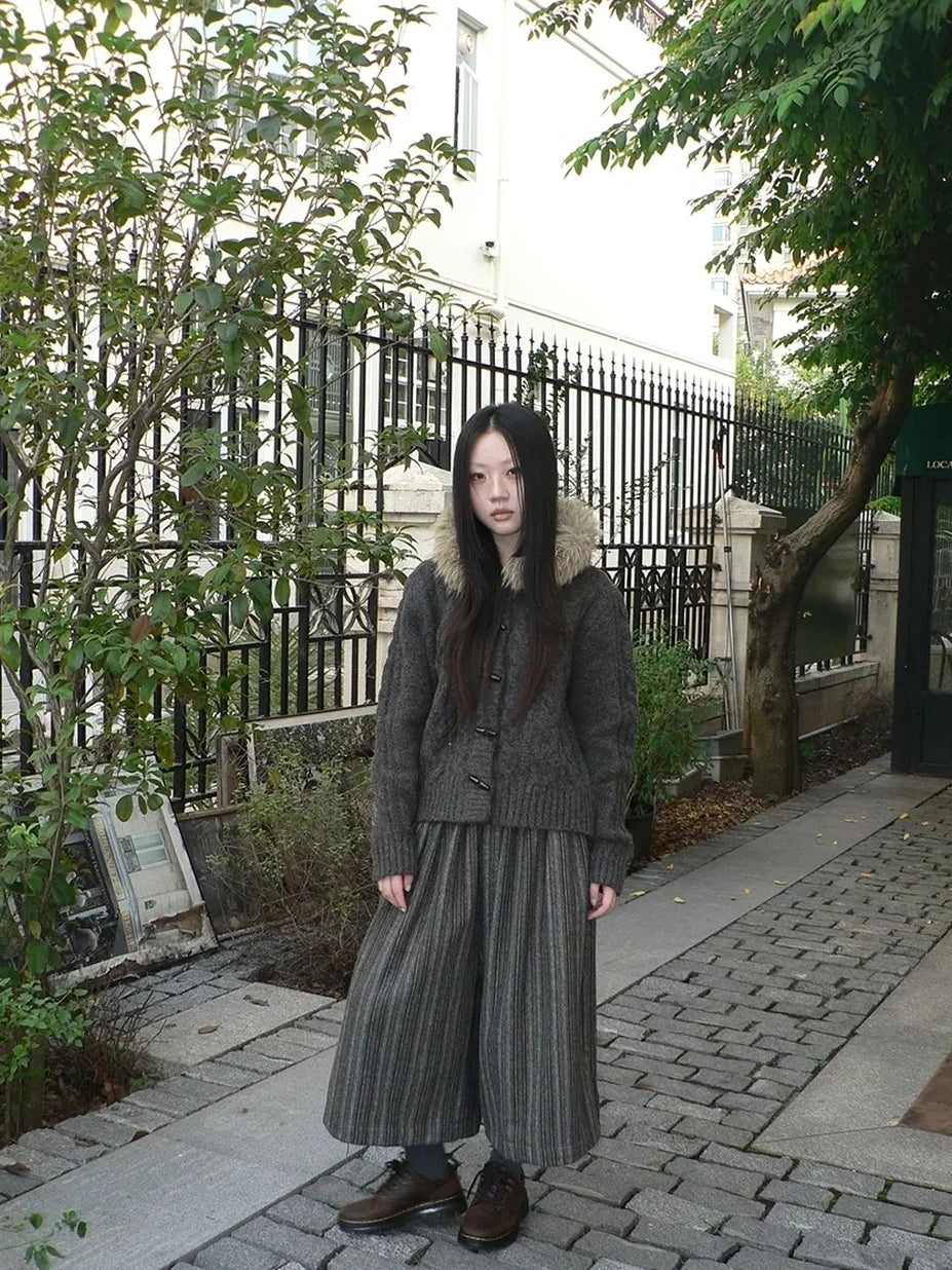 ang project Vintage Cable Knit Hooded Cardigan With Fur Trim And Toggle Buttons Sweater