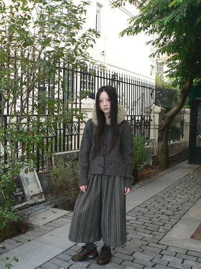 ang project Vintage Cable Knit Hooded Cardigan With Fur Trim And Toggle Buttons Sweater