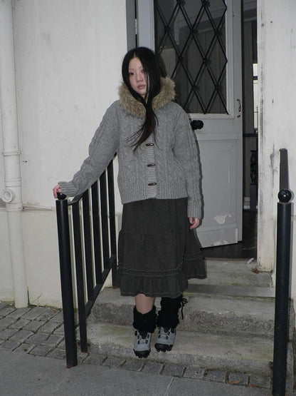 ang project Vintage Cable Knit Hooded Cardigan With Fur Trim And Toggle Buttons Sweater