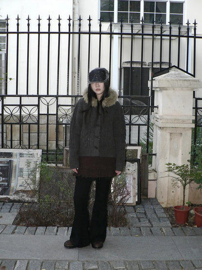 ang project Vintage Cable Knit Hooded Cardigan With Fur Trim And Toggle Buttons Sweater