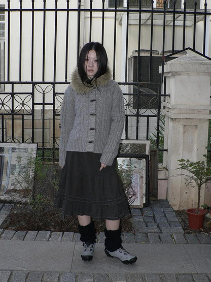 ang project Vintage Cable Knit Hooded Cardigan With Fur Trim And Toggle Buttons Sweater