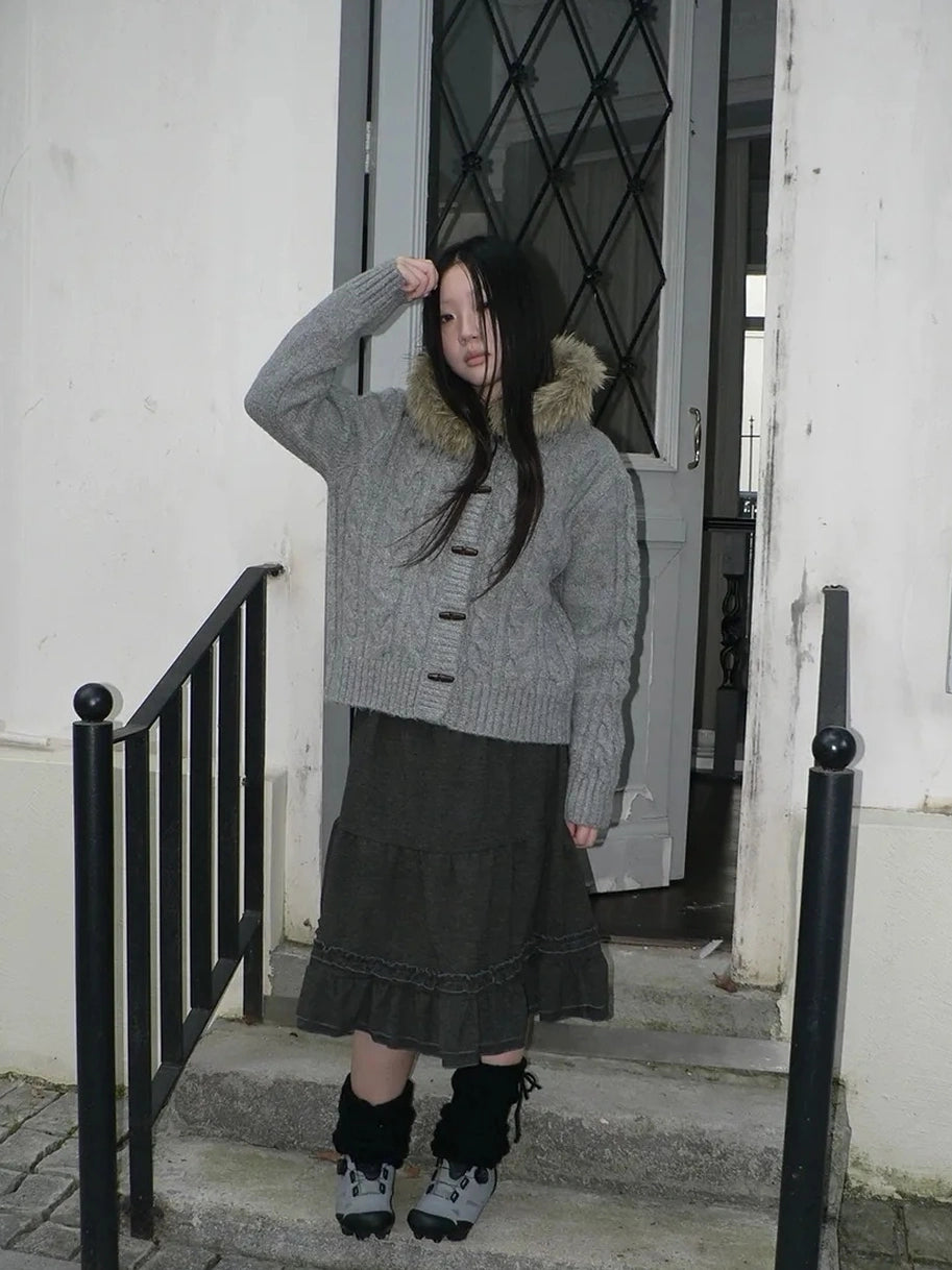 ang project Vintage Cable Knit Hooded Cardigan With Fur Trim And Toggle Buttons Sweater