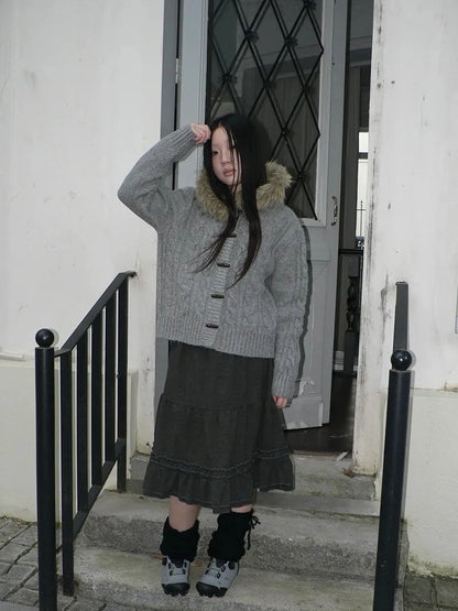 ang project Vintage Cable Knit Hooded Cardigan With Fur Trim And Toggle Buttons Sweater