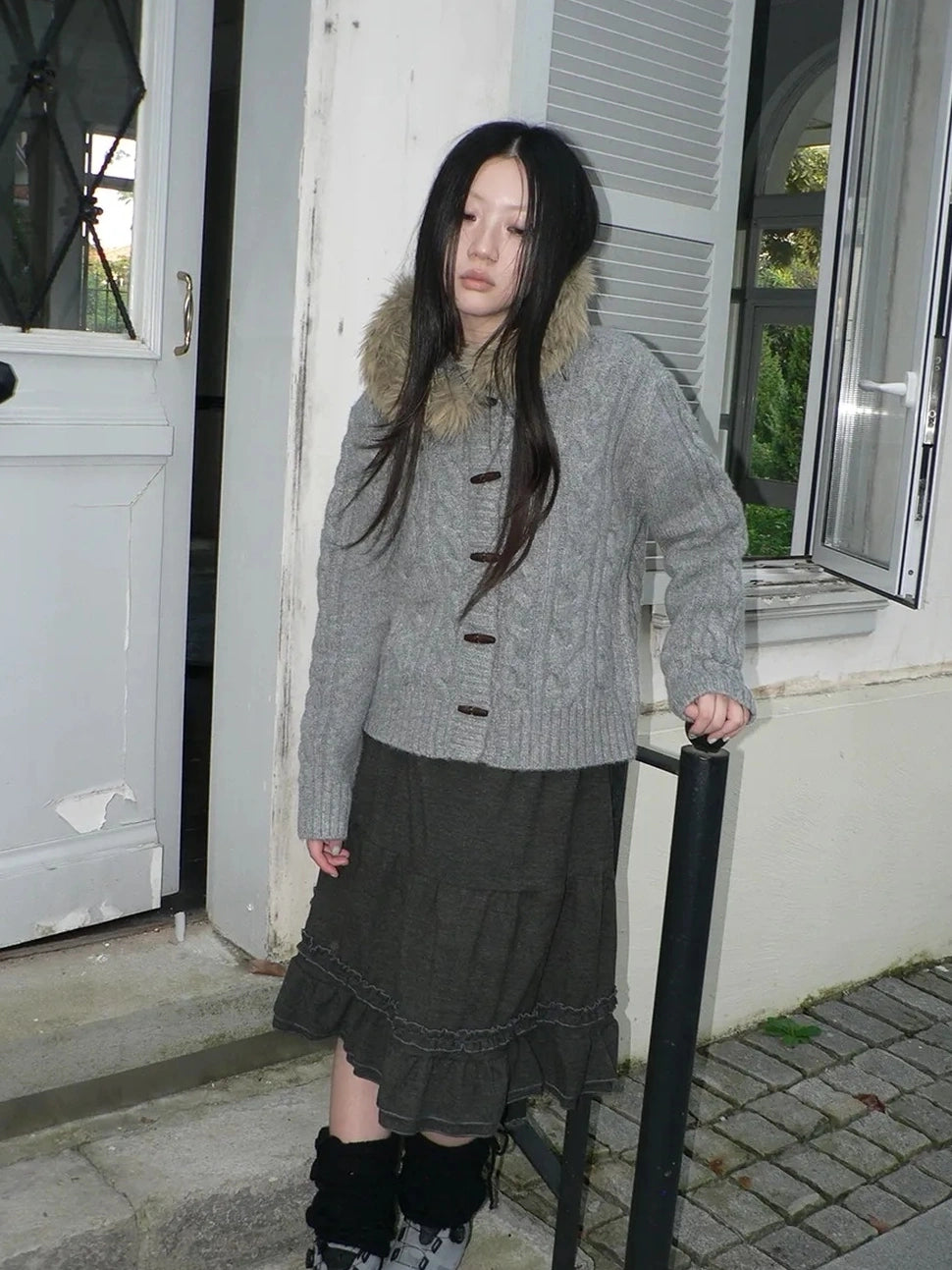 ang project Vintage Cable Knit Hooded Cardigan With Fur Trim And Toggle Buttons Sweater