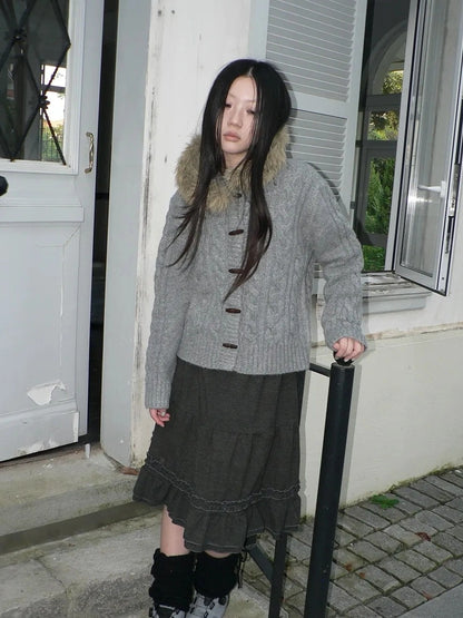 ang project Vintage Cable Knit Hooded Cardigan With Fur Trim And Toggle Buttons Sweater