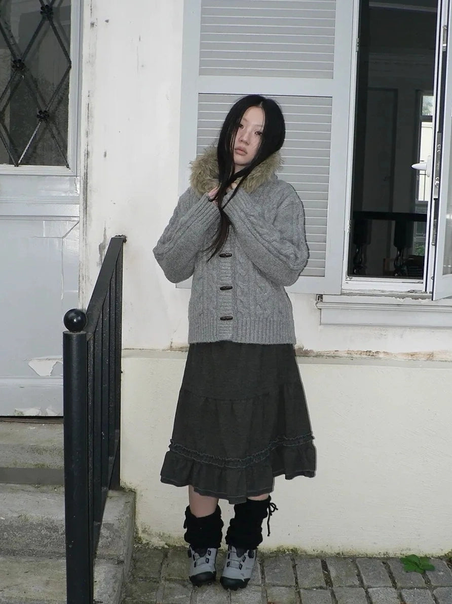 ang project Vintage Cable Knit Hooded Cardigan With Fur Trim And Toggle Buttons Sweater