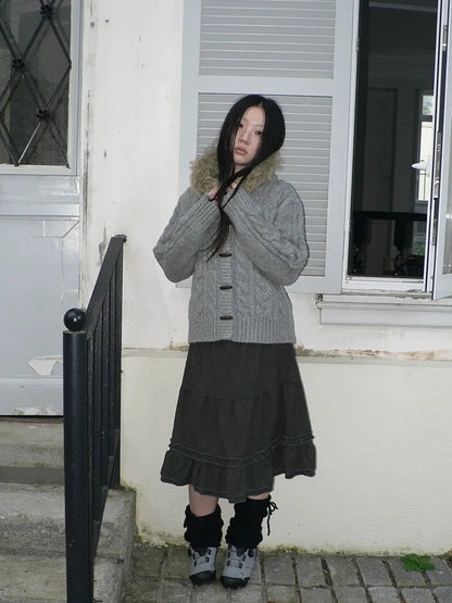 ang project Vintage Cable Knit Hooded Cardigan With Fur Trim And Toggle Buttons Sweater