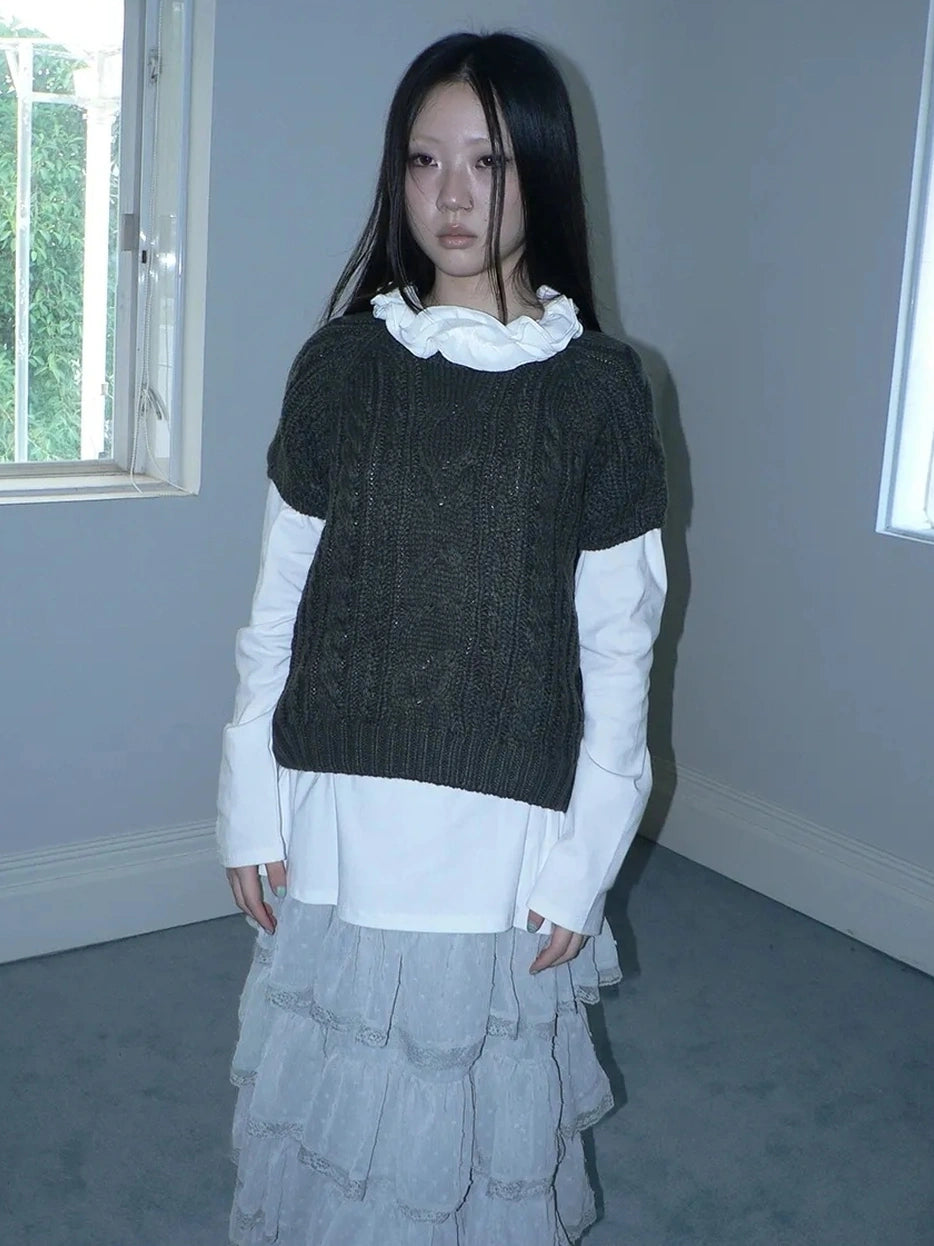 ang project Vintage Cable Knit Short Sleeve Crop Top Sweater