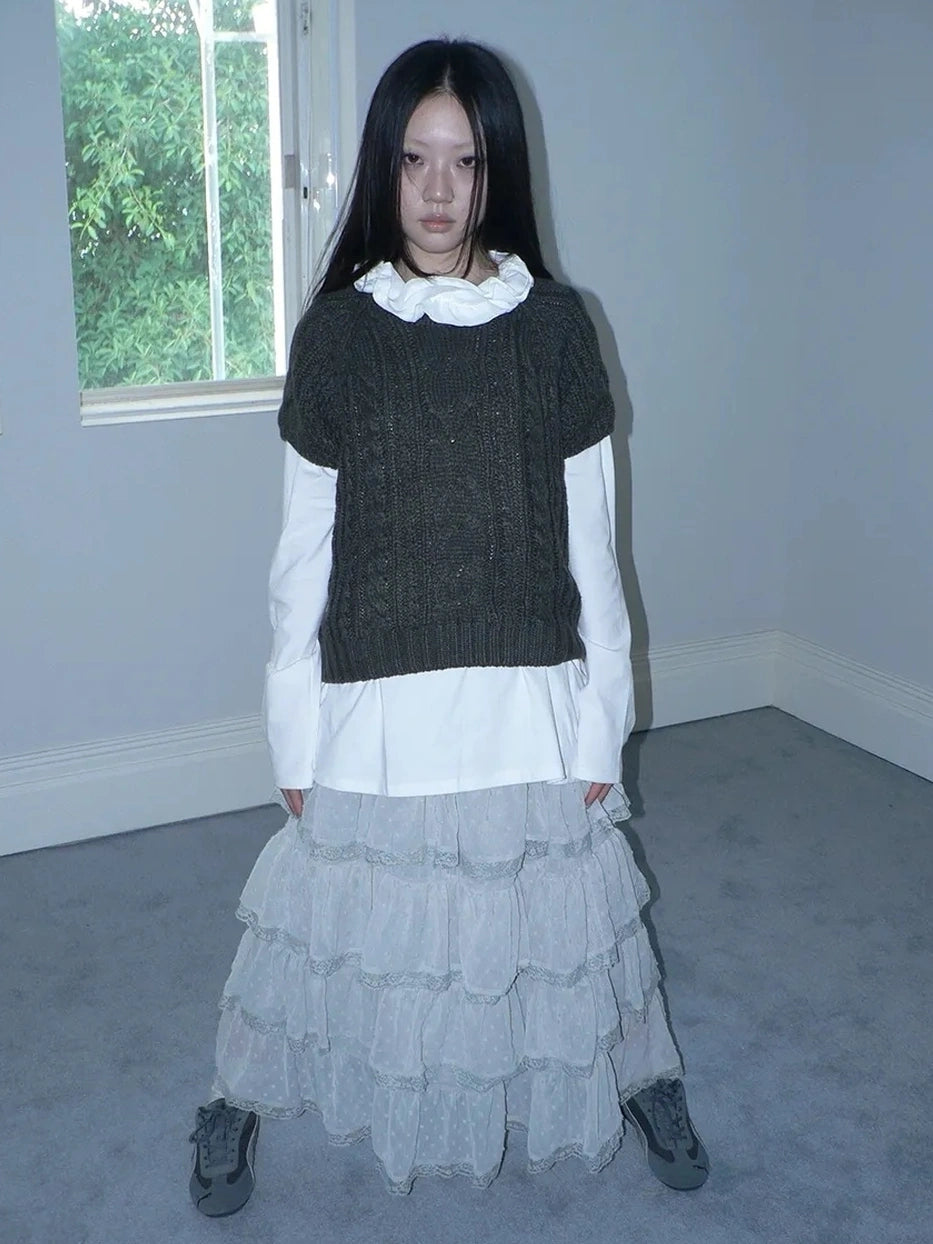 ang project Vintage Cable Knit Short Sleeve Crop Top Sweater