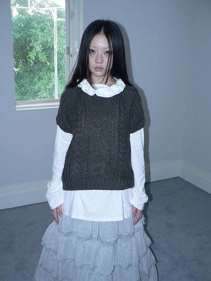 ang project Vintage Cable Knit Short Sleeve Crop Top Sweater