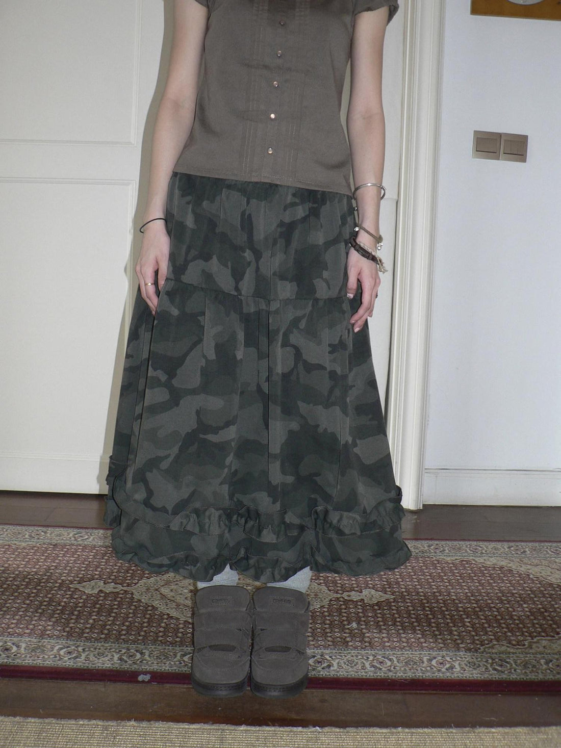 ang project Vintage Camouflage Printed Patchwork Ruffle Trim Women&
