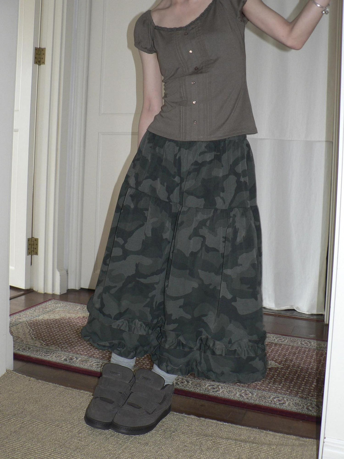 ang project Vintage Camouflage Printed Patchwork Ruffle Trim Women&