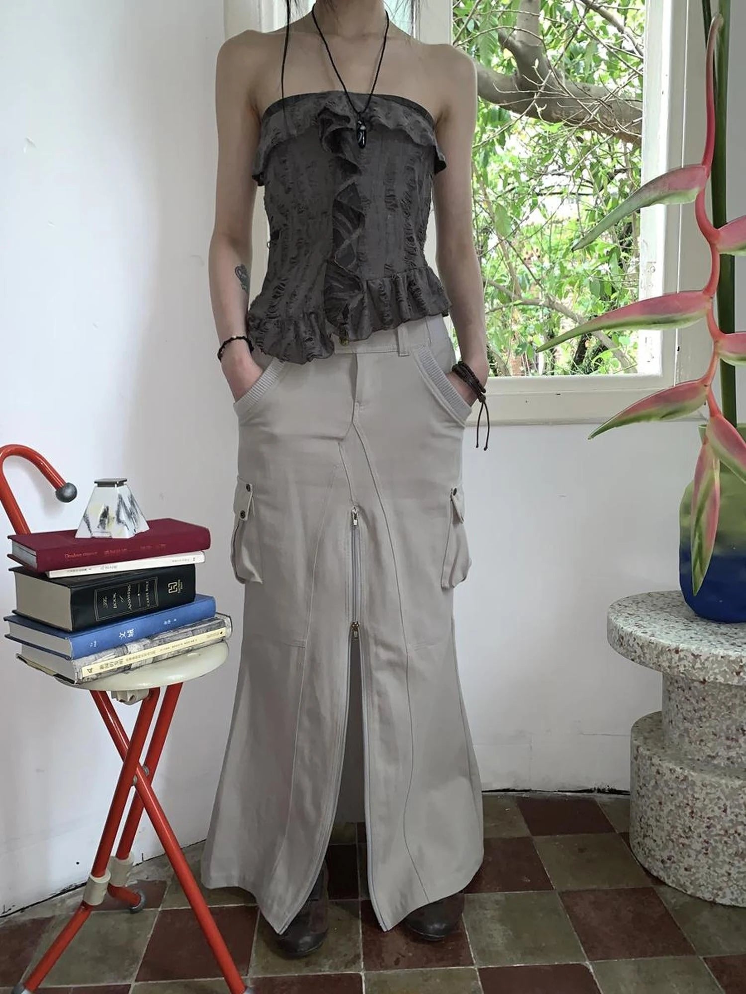 Vintage Cargo Pocket Wrap Maxi Skirt With Dual Zippers