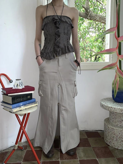 Vintage Cargo Pocket Wrap Maxi Skirt With Dual Zippers