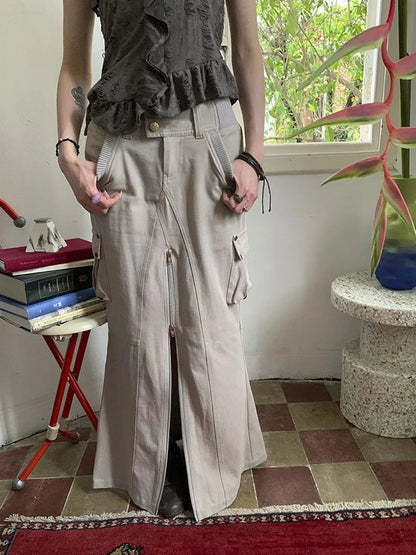 Vintage Cargo Pocket Wrap Maxi Skirt With Dual Zippers