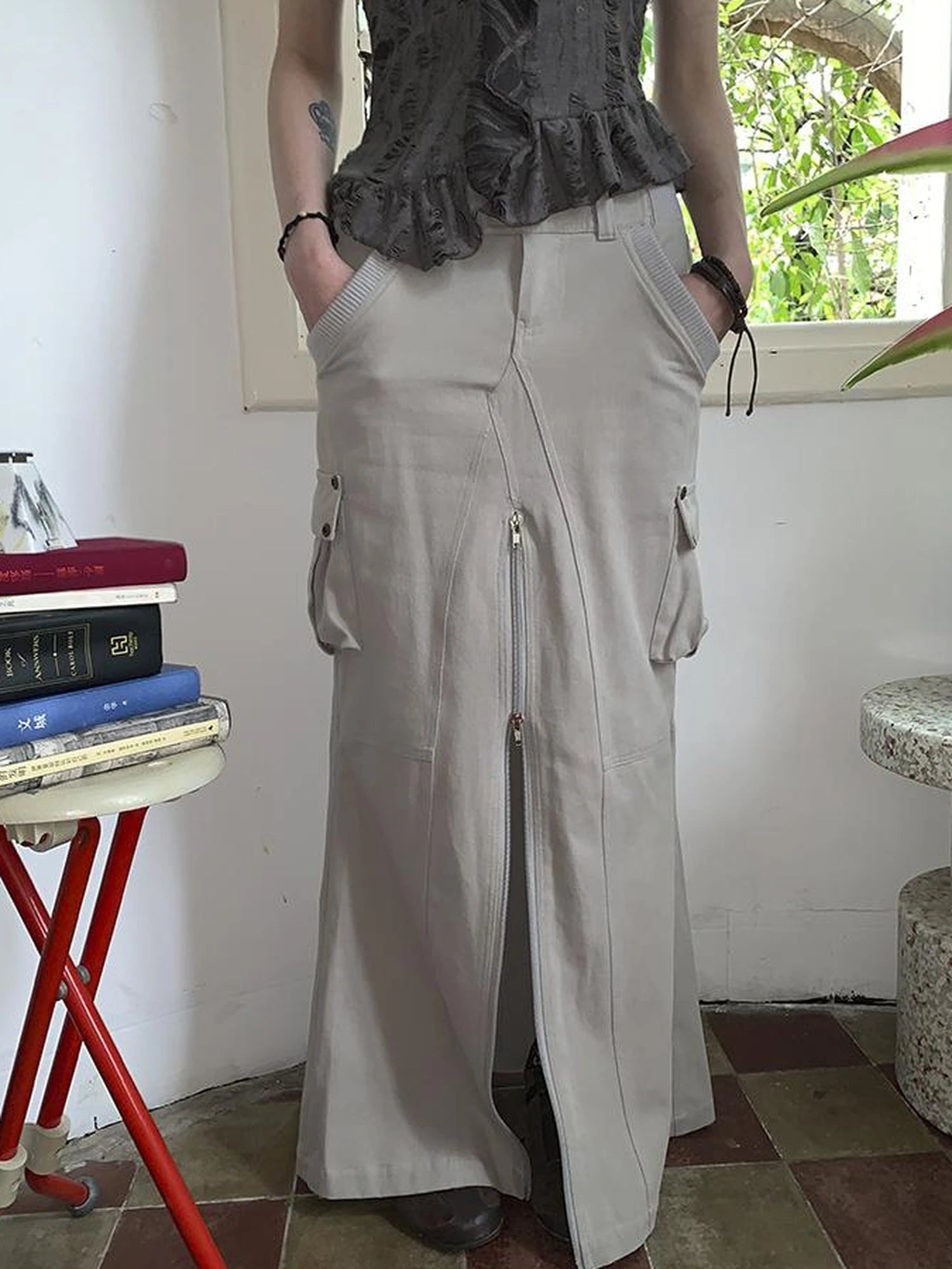 Vintage Cargo Pocket Wrap Maxi Skirt With Dual Zippers