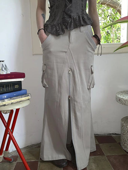 Vintage Cargo Pocket Wrap Maxi Skirt With Dual Zippers