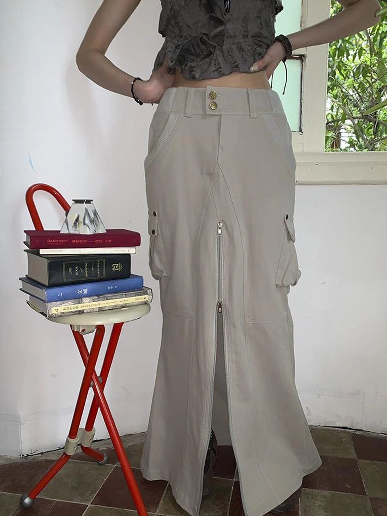 Vintage Cargo Pocket Wrap Maxi Skirt With Dual Zippers