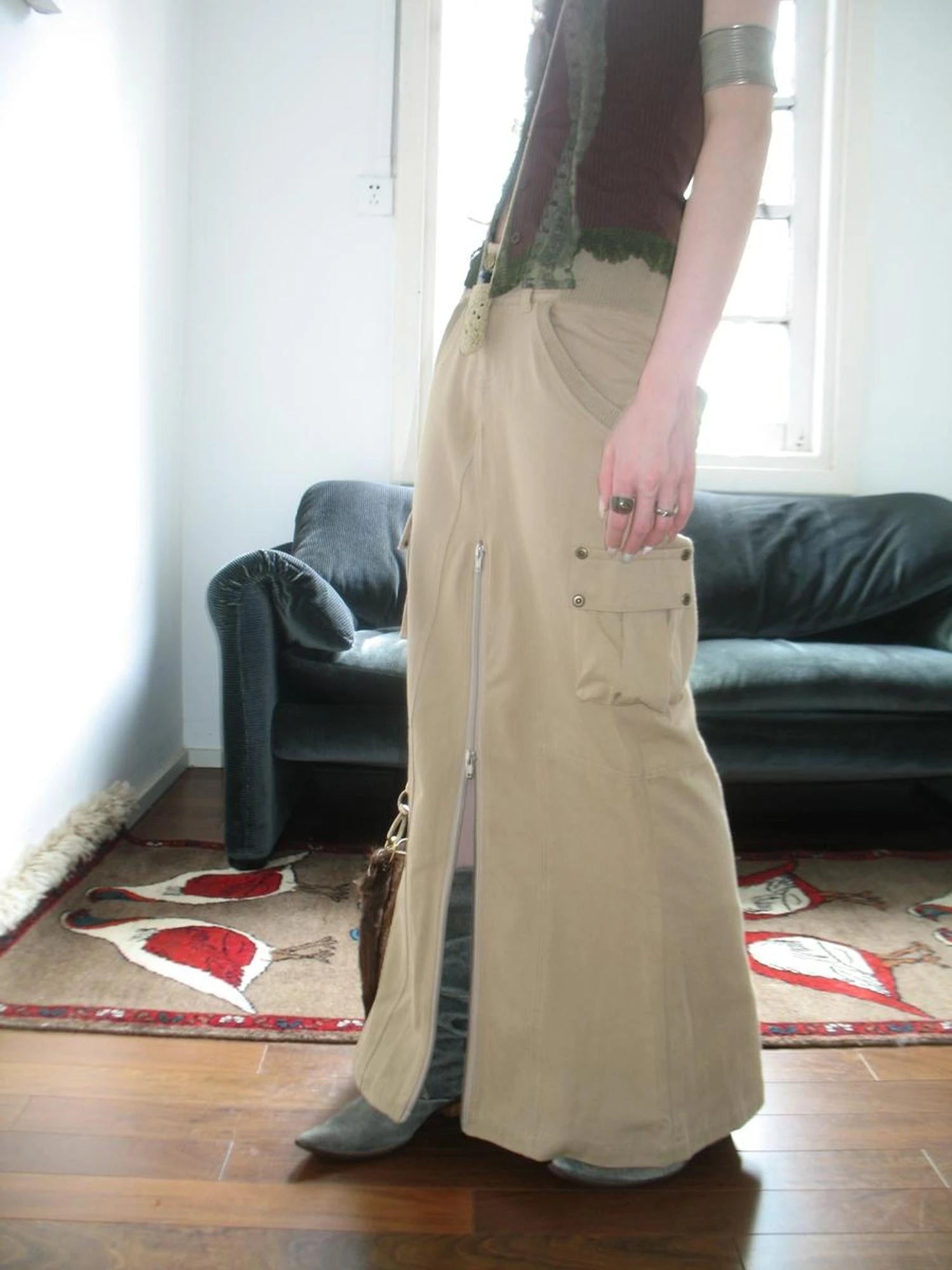 Vintage Cargo Pocket Wrap Maxi Skirt With Dual Zippers