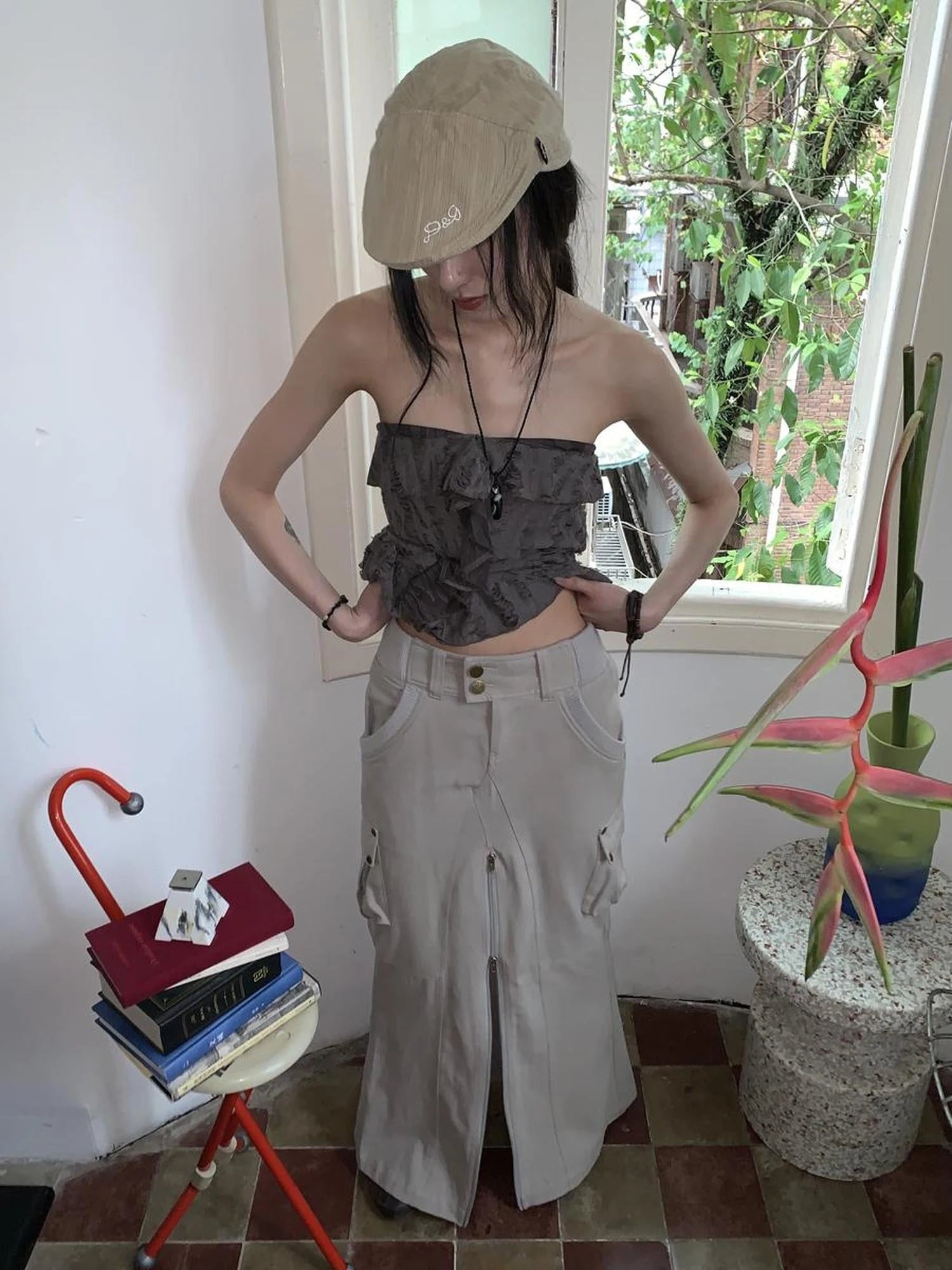 Vintage Cargo Pocket Wrap Maxi Skirt With Dual Zippers