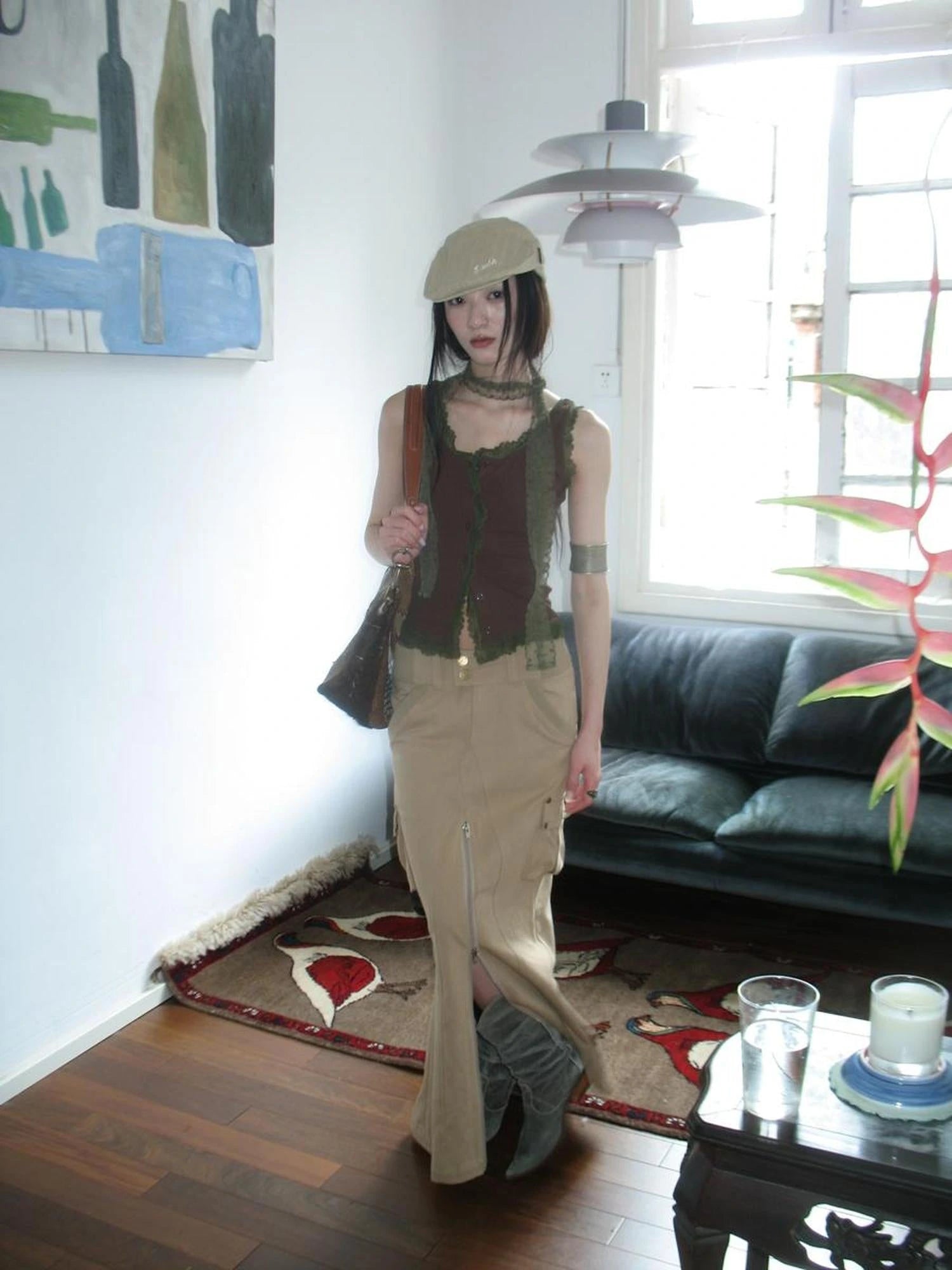 Vintage Cargo Pocket Wrap Maxi Skirt With Dual Zippers